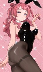 absurdres alternate_costume amashi_2278 animal_ear_hairband animal_ears argyle_background ass black_leotard blowing_kiss breasts brown_hair brown_pantyhose commentary_request covered_navel detached_collar dotted_line fake_animal_ears fake_tail gakuen_idolmaster hairband hanami_saki highres hiphighs idolmaster leotard long_hair medium_breasts o3o pantyhose pink_background playboy_bunny rabbit_ear_hairband rabbit_ears rabbit_tail strapless strapless_leotard tail thighband_pantyhose two_side_up