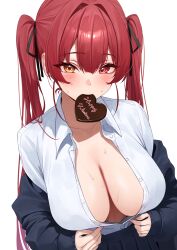 1girl absurdres black_jacket black_ribbon black_skirt blush breasts candy chocolate chocolate_heart collared_shirt commentary dress_shirt fingernails food food_in_mouth hair_ribbon happy_valentine heart heterochromia highres holika_baby hololive houshou_marine jacket large_breasts long_fingernails long_hair long_sleeves mouth_hold off_shoulder open_clothes open_jacket partially_unbuttoned pleated_skirt red_eyes red_hair ribbon shirt shirt_tucked_in simple_background skirt solo sweat symbol-only_commentary twintails upper_body virtual_youtuber white_background white_shirt yellow_eyes