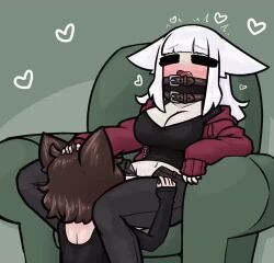 1futa 1girl animal_ears animated breasts brown_hair cat_ears cleavage ears_down fellatio futa_with_female futanari green_background hand_on_another&#039;s_head hood hoodie limebreaker oral tagme trembling video white_hair