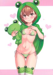 Rule 34 | 1girl, 2024, 20s, absurdres, animal hood, bikini, blush, breasts, brown eyes, brown hair, cleft of venus, flower, frog hood, gekota, gluteal fold, green hood, hair flower, hair ornament, halterneck, hand on own chest, heart, highres, holding, holding stuffed toy, hood, isshi pyuma, looking at viewer, matching hair/eyes, misaka mikoto, navel, official alternate costume, ribs, scan, short hair, simple background, small breasts, smile, solo, standing, stomach, string bikini, striped bikini, striped clothes, stuffed animal, stuffed toy, swimsuit, thighhighs, thighs, toaru kagaku no railgun, toaru majutsu no index