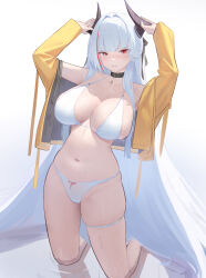 Rule 34 | 1girl, absurdres, admiral zenker (azur lane), azur lane, bikini, black choker, black horns, blush, breasts, choker, ciexbiet, hands on own horns, hands up, highres, horns, huge breasts, jacket, kneeling, long hair, looking at viewer, multicolored hair, navel, open clothes, open jacket, parted lips, red eyes, red hair, red streaks, simple background, skindentation, solo, stomach, swimsuit, thigh strap, very long hair, white background, white bikini, white hair, yellow jacket