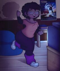 1girl camila_noceda clenched_hands closed_eyes commentary english_commentary highres kinggargantuas leg_up solo television the_owl_house