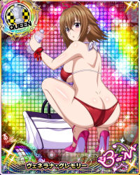 1girl ahoge ass bag bikini bottle breasts brown_hair butt_crack card_(medium) chess_piece dimples_of_venus disco_ball female_focus handbag heart high_heels high_school_dxd holding holding_bottle huge_ass large_breasts mature_female official_art pink_footwear purple_eyes queen_(chess) red_bikini red_ribbon ribbon shiny_butt shiny_skin sideboob solo sparkle squatting swimsuit underboob venelana_gremory water_bottle