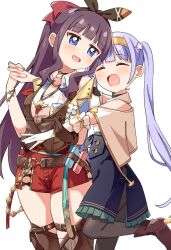 Rule 34 | 2girls, :d, atelier (series), atelier ryza, black hairband, black pantyhose, blue choker, blue eyes, blue skirt, blunt bangs, blush, bow, bow hairband, brown footwear, brown gloves, brown hair, brown thighhighs, brown vest, choker, closed eyes, commentary request, commission, cosplay, dot nose, gloves, hair bow, hairband, haru (konomi 150), high heels, highres, interlocked fingers, klaudia valentz, klaudia valentz (cosplay), long hair, multiple girls, new game!, open mouth, pantyhose, pixiv commission, ponytail, purple hair, red bow, red shorts, reisalin stout, reisalin stout (cosplay), shirt, shorts, simple background, single glove, skirt, smile, suzukaze aoba, takimoto hifumi, thighhighs, twintails, vest, white background, white shirt, yellow hairband