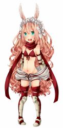 Rule 34 | 1girl, animal ears, armored boots, blue eyes, blush, boots, bow, breasts, commentary request, elbow gloves, fingerless gloves, full body, gloves, hair bow, highres, jumpsuit, jumpsuit around waist, long hair, looking at viewer, mechanic (ragnarok online), meiko (nattu303), navel, open mouth, pink hair, rabbit ears, rabbit girl, ragnarok online, red gloves, red scarf, red thighhighs, scarf, simple background, small breasts, solo, standing, thighhighs, vambraces, very long hair, wavy hair, white background, white bow, white jumpsuit