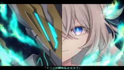1girl absurdres armor cracked_skin fire firefly_(honkai:_star_rail) glowing_armor gradient_eyes green_fire green_pupils grey_armor grey_hair hair_between_eyes hair_ornament hair_ribbon highres honkai:_star_rail honkai_(series) multicolored_eyes ribbon sam_(honkai:_star_rail) solo star_(sky) starry_sky_background str_sawa