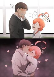 1boy 1girl absurdres ahoge angry blue_archive brown_hair eyelashes french_kiss heart height_difference hetero highres kiss neru_(blue_archive) orange_hair sensei_(blue_archive) sharp_teeth short_hair sleepnya teeth