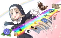 1girl :d animal bell bikini black_dress blurry blurry_background blush brown_eyes card commentary_request cross crucifixion depth_of_field dress female_focus flower food gloves gradient_background habit halo heart hydrangea inkwell jesus latin_cross light_brown_hair long_hair mechanical_pencil nijisanji nun open_bikini open_clothes open_mouth outstretched_arms parted_bangs pencil pink_background purple_flower rainbow rhinoceros_beetle shirihime sister_claire sister_claire_(1st_costume) smile solo sparkle spread_arms swimsuit tanuki tarot tarot_card teeth the_bible throne traditional_nun translation_request upper_teeth_only very_long_hair virtual_youtuber white_background white_gloves white_wings wings zipper_dress