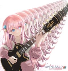 1girl bocchi_the_rock! clone closed_mouth copyright_name cube_hair_ornament demonasa electric_guitar english_text eyes_visible_through_hair gibson_les_paul gotoh_hitori guitar guitar_hero hair_between_eyes hair_ornament highres holding holding_instrument holding_plectrum instrument jacket long_hair long_sleeves multicolored_jacket music open_clothes open_jacket pink_hair pink_jacket playing_instrument plectrum serious simple_background solo_focus two-tone_jacket upper_body white_background white_jacket