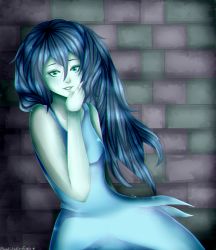 1girl artist_name blue_hair dress female_focus green_eyes highres long_hair looking_at_viewer majesticfuckingeagle sidelocks solo spooky&#039;s_house_of_jump_scares spooky_(shojs)