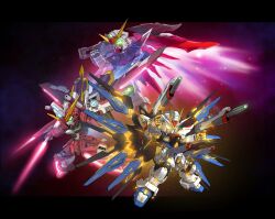 beam_rifle energy_sword destiny_gundam energy_gun energy_wings flying glowing green_eyes gun gundam gundam_seed gundam_seed_destiny highres holding holding_gun holding_sword holding_weapon infinite_justice_gundam mecha mecha_focus mechanical_wings mobile_suit no_humans robot science_fiction shield strike_freedom_gundam sword v-fin weapon wings yellow_eyes zakuma