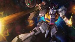 absurdres asteroid beam_cannon char&#039;s_counterattack copyright_logo energy_sword gundam gundam_battle_operation_2 gundam_msv highres machinery mecha mecha_focus missile_pod mobile_suit no_humans official_art painting_(medium) radar_dish re-gz re-gz_custom realistic robot scan science_fiction space star_(sky) sunrise_(company) sword tenjin_hidetaka thrusters traditional_media weapon zero_gravity