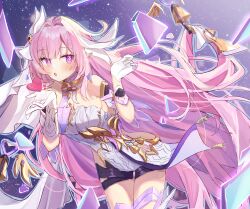 Rule 34 | 1girl, bell, black shorts, blowing kiss, breasts, cleavage, commentary request, corset, crystal shards, diamond-shaped pupils, diamond (shape), elf, elysia (herrscher of human: ego) (honkai impact), elysia (honkai impact), gloves, highres, honkai (series), honkai impact 3rd, large breasts, long hair, pink hair, pointy ears, purple eyes, purple sky, short shorts, shorts, sky, solo, star (sky), starry sky, symbol-shaped pupils, thighs, triquetra, veil, very long hair, white corset, white gloves, white veil, yuuna (vhux2273)