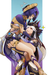 absurdres ancient_egyptian ancient_egyptian_clothes animal_ears animal_hat blue_hair candace_(genshin_impact) cyno_(genshin_impact) e150625 eye_of_horus fox_ears genshin_impact hat highres jewelry neck_ring short_hair_with_long_locks vision_(genshin_impact)