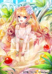 1girl :d armlet bangle bare_shoulders bead_bracelet beads belly_chain bikini bikini_under_clothes blonde_hair blue_eyes bracelet breasts cherry cleavage company_name copyright_name earrings female_focus flower food fruit gelatin hair_beads hair_flower hair_ornament holding holding_food in_bowl in_container in_food jewelry large_breasts leaf leaning_forward long_hair looking_at_viewer lots_of_jewelry mini_person minigirl nata_de_coco off_shoulder official_art open_mouth ribbon see-through_clothes sila_(carpen) smile solo sparkle string_bikini swimsuit tenka_touitsu_chronicle twintails very_long_hair wrist_ribbon