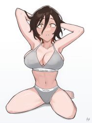 1girl armpits arms_behind_head asai_akira bra breasts brown_hair calvin_klein cleavage clothes_writing fukuya_art grey_bra grey_panties hair_between_eyes highres kneeling large_breasts navel orange_eyes panties simple_background solo underwear underwear_only underwear_writing white_background yofukashi_no_uta
