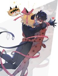 1boy 1girl animal_ears belt black_bodysuit black_hair blonde_hair blue_eyes blush bodysuit cat_ears chat_noir domino_mask fufu49829 hands_on_another&#039;s_hips hands_on_another&#039;s_shoulders heart highres ladybug_(character) mask miraculous_ladybug polka_dot red_bodysuit red_ribbon ribbon simple_background sparkle superhero_costume twintails