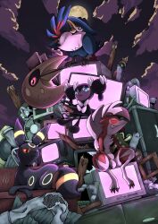 absurdres blue_eyes cloud colored_sclera electric_fan full_moon gen_2_pokemon gen_3_pokemon gen_4_pokemon gen_5_pokemon gen_7_pokemon gothorita highres honchkrow junk junkyard looking_down lunatone lycanroc lycanroc_(midnight) moon night nintendo pokemon pokemon_(creature) q-chan red_eyes red_sclera sitting television umbreon wood