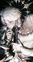 2boys antenna_hair armor back_tattoo black_background black_choker black_shirt blonde_hair blue_eyes choker coat gold_necklace gradient_hair halo halo_behind_head highres holding holding_sword holding_weapon honkai:_star_rail honkai_(series) jewelry male_focus multicolored_hair multiple_boys mydei_(honkai:_star_rail) neck_tattoo necklace pauldrons phainon_(honkai:_star_rail) red_hair red_tattoo shirt short_hair shoulder_armor simple_background single_pauldron sun_symbol sun_tattoo sunset_1830 sword tan tattoo tears weapon white_coat white_hair yaoi yellow_blood yellow_eyes yellow_halo