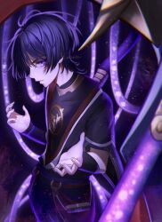 1boy absurdres armor black_bodysuit black_kimono black_shorts black_sleeves blunt_ends bodysuit cable covered_collarbone cowboy_shot curled_fingers eyeliner eyeshadow furisode furrowed_brow genshin_impact glaring gold han&#039;eri highres japanese_armor japanese_clothes jewelry kimono kote kurokote layered_clothes layered_kimono layered_sleeves looking_at_viewer makeup male_focus mandarin_collar mitsudomoe_(shape) neck_ring o-ring oomisou open_clothes open_hands open_kimono parted_lips purple_eyes purple_hair purple_sash purple_sleeves red_eyeliner red_eyeshadow red_kimono red_pupils red_sash sash scaramouche_(genshin_impact) short_sleeves shorts solo three_quarter_view tomoe_(symbol) twitter_username white_mouth