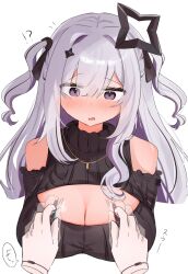 1girl ? ?? amane_konata black_ribbon black_sweater blush breasts cleavage cleavage_cutout clothing_cutout colored_inner_hair grey_hair hair_ribbon halo highres hololive joy-con large_breasts long_hair meme_attire mikura_no_e multicolored_hair open_mouth purple_eyes purple_hair ribbon smile solo star_halo sweater turtleneck turtleneck_sweater twintails very_long_hair virgin_killer_sweater virtual_youtuber