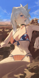 1girl american_flag american_flag_bikini american_flag_print asymmetrical_gloves asymmetrical_hair bikini breasts canyon choker day fate/grand_order fate_(series) flag_print gloves grey_hair highres kji_(rozo) looking_at_viewer medium_breasts miyamoto_musashi_(fate) miyamoto_musashi_(fate/grand_order) miyamoto_musashi_(swimsuit_berserker)_(fate) miyamoto_musashi_(swimsuit_berserker)_(second_ascension)_(fate) outdoors partially_submerged print_bikini smile solo swept_bangs swimsuit