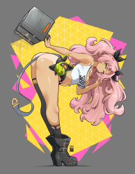 1girl absurdres ass bangboo_(zenless_zone_zero) bayeuxman belt bent_over boots bottomless breasts cleavage female_focus full_body green_eyes highres large_breasts long_hair looking_at_viewer nail_polish nicole_demara pink_hair solo suitcase tan tanline thick_thighs thighs zenless_zone_zero