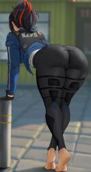 1girl ass barefoot black_gloves black_hair black_pants blue_jacket commentary feet from_behind gloves highres huge_ass jacket leaning_forward multicolored_hair oroborus outdoors pants patreon_logo patreon_username police police_uniform policewoman ponytail red_hair shirt short_hair skin_tight soles solo streaked_hair two-tone_hair white_shirt zenless_zone_zero zhu_yuan