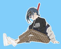 1girl aoba_minami arm_support black_nails black_shirt blue_background blue_eyes blue_hair breasts brown_pants from_side full_body golf_club highres jacket long_sleeves looking_at_viewer medium_breasts nail_polish off_shoulder official_art outline pants parted_lips ponytail saitou_kengo shirt shoes short_ponytail simple_background sitting smile solo sorairo_utility visor_cap white_jacket white_outline white_shoes