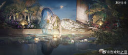 1girl 37_(reverse:1999) blue_eyes blue_hair bottle cloud copyright_name copyright_notice dress elbow_rest floating flower gtcpst head_rest highres lily_pad long_hair lotus lying night official_art on_floor on_side palm_leaf pillar reflection reverse:1999 solo water watermark weibo_username weibo_watermark white_dress