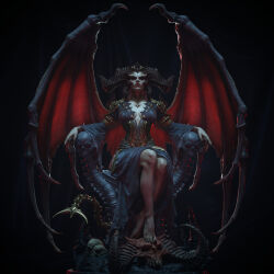 1girl absurdres arm_rest bare_legs barefoot bat_wings black_dress black_eyeshadow black_horns black_nails black_sclera black_wings blue_eyes bone_tail breasts center_opening cheekbones cleavage collar colored_sclera cracked_skull curled_horns curtains dark_background demon_girl demon_horns demon_skull demon_tail demon_wings diablo_(series) diablo_4 dress expressionless extra_horns eyeshadow fingernails forehead_jewel frown full_body gem glowing glowing_eyes gold_armlet gold_collar gold_corset gold_pendant gold_tail great_mother_temptation heterochromia highres horns huge_horns lilith_(diablo) long_dress long_fingernails long_horns long_sleeves long_toenails looking_at_viewer makeup mature_female medium_breasts metal_collar nail_polish neck_collar nose parted_lips qinji red_eyes red_gemstone red_light rock runny_makeup serious sharp_fingernails sharp_teeth sharp_toenails shoulder_pads sitting sitting_on_throne skeletal_tail skull solo spiked_eyebrows spiked_skull spikes spinal_cord straight-on tail teeth toenails torn_clothes torn_dress torn_sleeves waist_tassel white_eyes wide_sleeves wings