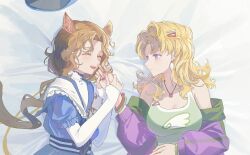 2girls ^_^ animal_ears bare_shoulders bed_sheet blonde_hair blonney blue_hat blue_shirt breasts brown_hair cleavage closed_eyes deer_ears deer_girl earrings flower from_above green_sports_bra hair_flower hair_ornament hairclip hat highres holding_hands jacket jessica_(reverse:1999) jessica_(voyage_from_your_bed)_(reverse:1999) jewelry large_breasts layered_sleeves long_hair long_sleeves low_ponytail lying medium_hair multiple_girls off_shoulder official_alternate_costume on_back on_bed on_side open_mouth pendant pink_nails ponytail profile purple_eyes purple_jacket reverse:1999 rokilly sailor_collar shirt short_over_long_sleeves short_sleeves sleeves_past_wrists smile sports_bra teeth unworn_headwear upper_body upper_teeth_only white_flower white_sleeves yuri