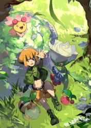 1girl arm_support arm_up artist_name belt black_belt black_hair black_shirt blunt_bangs boots brown_eyes cargo_shorts cherrim cherrim_(sunshine) cherubi creatures_(company) cropped_shirt day e_volution game_freak gardenia_(pokemon) gen_4_pokemon grass green_footwear long_sleeves midriff multicolored_hair navel nintendo no_feet open_mouth orange_hair outdoors pokemon pokemon_(creature) pokemon_dppt poncho roserade shirt short_hair shorts sitting smile torn_clothes torn_shorts turtwig two-tone_hair