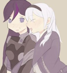 2girls blue_eyes blush braid braided_ponytail brown_background closed_eyes eva_(hundred_line) female_focus hair_between_eyes hug kirifuji_nozomi multicolored_hair multiple_girls open_mouth pink_hair purple_hair simple_background the_hundred_line_-last_defense_academy- yuri