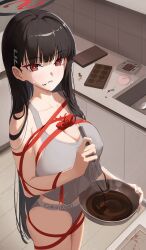 1girl absurdres alternate_costume bare_shoulders black_hair blue_archive blush bowl breasts chocolate cleavage commentary covered_erect_nipples english_commentary grey_panties hair_ornament hairclip halo highres holding holding_bowl holding_whisk jwh8090 large_breasts long_hair looking_at_viewer panties parted_lips red_eyes red_ribbon revision ribbon rio_(blue_archive) solo sports_panties tank_top underwear whisk