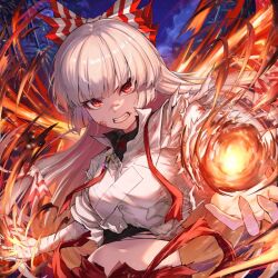 Rule 34 | 1girl, bandaged arm, bandages, blood, blood on clothes, blood on face, bow, breasts, clenched teeth, collared shirt, fire, fujiwara no mokou, hair bow, injury, long hair, looking at viewer, medium breasts, midriff, pants, pyrokinesis, re (re 09), red eyes, red pants, shirt, solo, suspenders, teeth, torn clothes, torn shirt, touhou, upper body, very long hair, white shirt