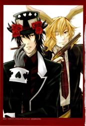 00s 2008 2boys animal_ears belt black_hair blonde_hair blood_dupre blue_eyes card cigar clover clubs diamond_(shape) elliot_march feathers flower formal_clothes gloves gun handgun hat heart heart_no_kuni_no_alice highres multiple_boys necktie one_eye_closed pistol purple_eyes rabbit_ears red_flower red_rose rose scan smoking spade suit wavy_hair weapon wink