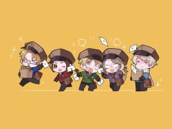 &gt;_&lt; 5boys ahoge america_(hetalia) anger_vein angry arm_up axis_powers_hetalia beret between_fingers black_gloves black_pants black_shoes blonde_hair blue_jacket blush box brown_bag brown_eyes brown_hair brown_hat brown_necktie checkered_necktie chibi chibi_only china_(hetalia) closed_eyes collared_shirt envelope false_smile france_(hetalia) glasses gloves green_jacket green_necktie grey-framed_eyewear hand_on_own_hip hand_up hat highres holding holding_box holding_envelope jacket long_hair long_sleeves looking_at_another looking_at_viewer low_ponytail male_focus middle_finger multiple_boys necktie one_eye_closed open_mouth orange_background pants ponytail purple_jacket red_jacket russia_(hetalia) scarf semi-rimless_eyewear shirt shoes short_ponytail sidelocks simple_background smile sparkle standing to_min_xxx united_kingdom_(hetalia) v-shaped_eyebrows visor_cap walking white_scarf white_shirt