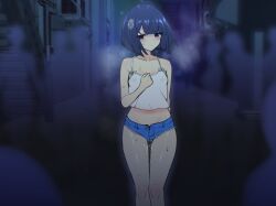1girl alley arm_behind_back black_hair blush breasts camisole cutoffs denim denim_shorts gluteal_fold hand_on_own_chest midriff moyashi_shimo8 nipples original outdoors pussy_juice see-through_camisole see-through_clothes short_hair short_shorts shorts small_breasts solo sweat thigh_gap thighs white_camisole
