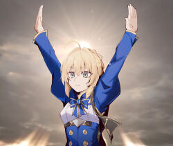 1girl ahoge arms_up artoria_pendragon_(fate) blonde_hair blue_bow blue_bowtie blue_dress bow bowtie breasts cloud cloudy_sky commentary dress english_commentary eri_(erikiri) fate/stay_night fate_(series) green_eyes highres honkai:_star_rail honkai_(series) juliet_sleeves long_sleeves outdoors praise_the_sun puffy_sleeves short_hair sky small_breasts solo upper_body