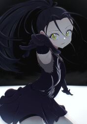 1girl absurdres armpits black_dress black_gloves black_hair child dress elbow_gloves figure_skating fuyuka_natsuki gloves highres ice ice_skating kamisaki_hikaru long_hair looking_at_viewer medalist_(manga) ponytail shorts shorts_under_skirt skating sleeveless smile solo yellow_eyes
