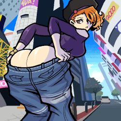 Rule 34 | 1girl, ass, baggy pants, bare shoulders, beret, breasts, brown eyes, butt crack, clothes pull, commentary, crop top, english commentary, hair over one eye, hat, kanon (ntwewy), looking back, open mouth, orange hair, pants, pants pull, sagging pants, shin subarashiki kono sekai, solo, subarashiki kono sekai, tachibana kanon, valmar