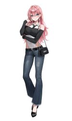 1girl alternate_costume alternate_hair_length alternate_hairstyle bag bare_shoulders belt belt_buckle black_bag black_belt black_footwear black_necktie blue_eyes breasts buckle chain collared_leotard commentary_request covered_navel crop_top full_body grey_pants hair_between_eyes hair_intakes highres holika_baby hololive leotard leotard_under_clothes long_hair looking_at_viewer necktie off_shoulder pants pink_hair shirt shoulder_bag simple_background smile solo standing takane_lui virtual_youtuber white_background white_leotard white_shirt