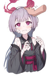 1girl 1other angry bandaid bandaid_on_arm bandaid_on_face bandaid_on_finger black_kimono black_nails blue_archive blush cleavage_cutout clothing_cutout commentary flat_chest grey_hair halo hands_up headpat highres japanese_clothes kimono long_hair long_sleeves matsu520 red_eyes red_halo red_sash sash shuro_(blue_archive) sidelocks tearing_up upper_body v-shaped_eyebrows wavy_mouth white_background