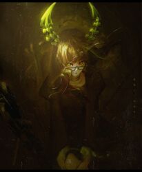 Rule 34 | 1girl, absurdres, black hair, black rock shooter, choker, dead master, dress, fantasy, glasses, green eyes, green horns, highres, horns, medium hair, pale skin, user ytts4823