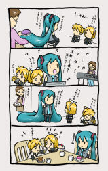 4koma chibi comic hair_brush hatsune_miku instrument kagamine_len kagamine_rin keyboard keyboard_(instrument) music shimota singing steamroller translation_request vocaloid yamaha