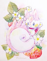 Rule 34 | alternate color, blue eyes, colored pencil (medium), flower, food, fruit, full body, gen 4 pokemon, highres, neck ribbon, nintendo, no humans, non (kumakawayusu), pachirisu, pokemon, pokemon (creature), ribbon, shiny pokemon, smile, strawberry, strawberry blossoms, traditional media, white flower