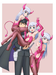 1boy 3girls aharen-san_wa_hakarenai aharen_eru aharen_reina aharen_ren backless_outfit black_cloak black_hair blue_eyes breasts brown_eyes carrying choker cloak cosplay demon_costume demon_girl demon_horns demon_tail devil_summoner:_raidou_kuzunoha_vs_the_soulless_army devil_summoner_(series) double_v elbow_gloves fake_horns fake_tail fur_trim gloves grey_hair hat highres holster horns kuzunoha_raidou kuzunoha_raidou_(cosplay) leotard long_hair matsuboshi_raidou medium_breasts multiple_girls navel pantyhose pointy_ears princess_carry sachisuki_gyoko sheath sheathed sitting_on_shoulder small_breasts strapless strapless_leotard sword tail teeth upper_teeth_only v weapon