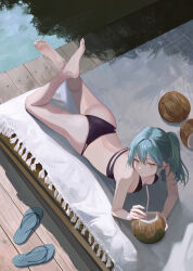 1girl absurdres arched_back ass bare_arms bare_legs bare_shoulders barefoot beach_mat bikini black_bikini blue_hair blue_sandals breasts check_commentary closed_mouth coconut coconut_cup commentary_request day drinking_straw expressionless feet flip-flops from_above highres jenmin12 legs_up long_hair looking_at_viewer looking_up lying median_furrow medium_breasts multi-strapped_bikini_bottom multi-strapped_bikini_top on_stomach original outdoors ponytail revision sandals sidelocks soles solo swimsuit the_pose thighs toes unworn_sandals yellow_eyes