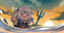 1girl blue_hair blue_hoodie blue_sky blush closed_eyes cloud facing_viewer fins fish_tail gawr_gura gawr_gura_(1st_costume) gradient_sky grey_hair hair_ornament highres hololive hololive_english hood hoodie long_hair long_sleeves multicolored_hair ocean open_mouth orange_sky outdoors outstretched_arm partially_submerged polearm same_anko shark_girl shark_hair_ornament shark_tail sharp_teeth sidelocks sky smile solo streaked_hair sun sunset tail teeth trident two_side_up virtual_youtuber water weapon wide_sleeves